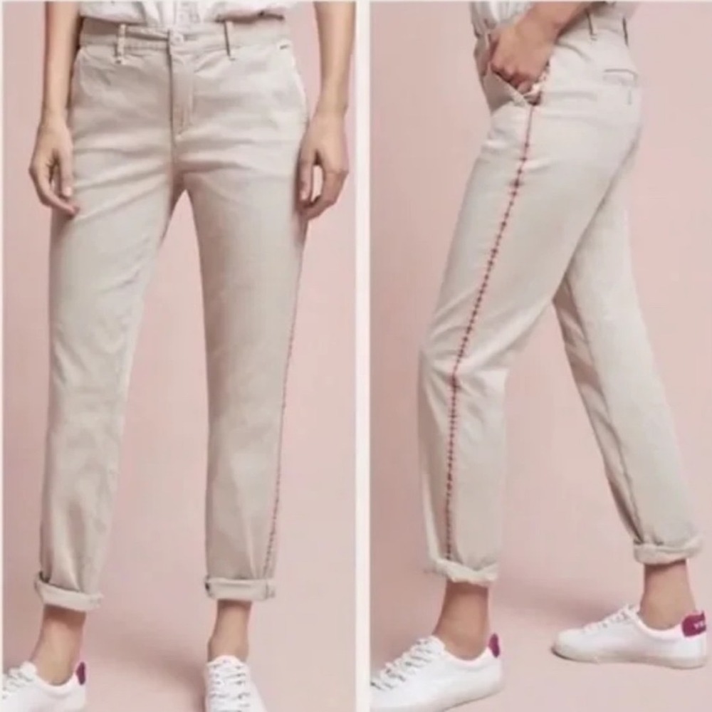Anthropologie Chino Relaxed Khaki Straight Leg Side Stripe Pants Size 6